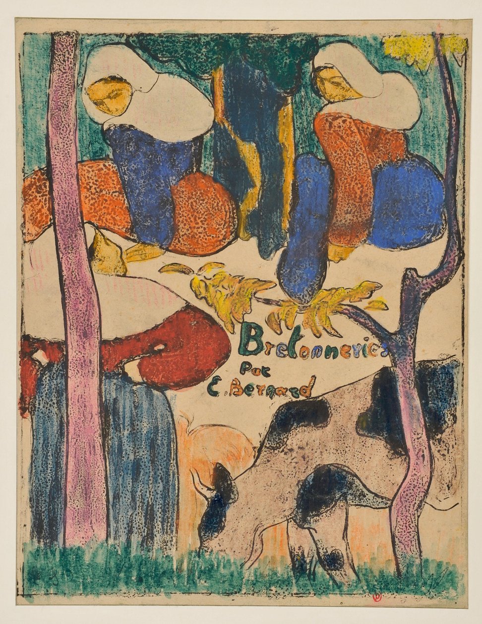 Drei Frauen und eine Kuh auf einer Wiese av Emile Bernard
