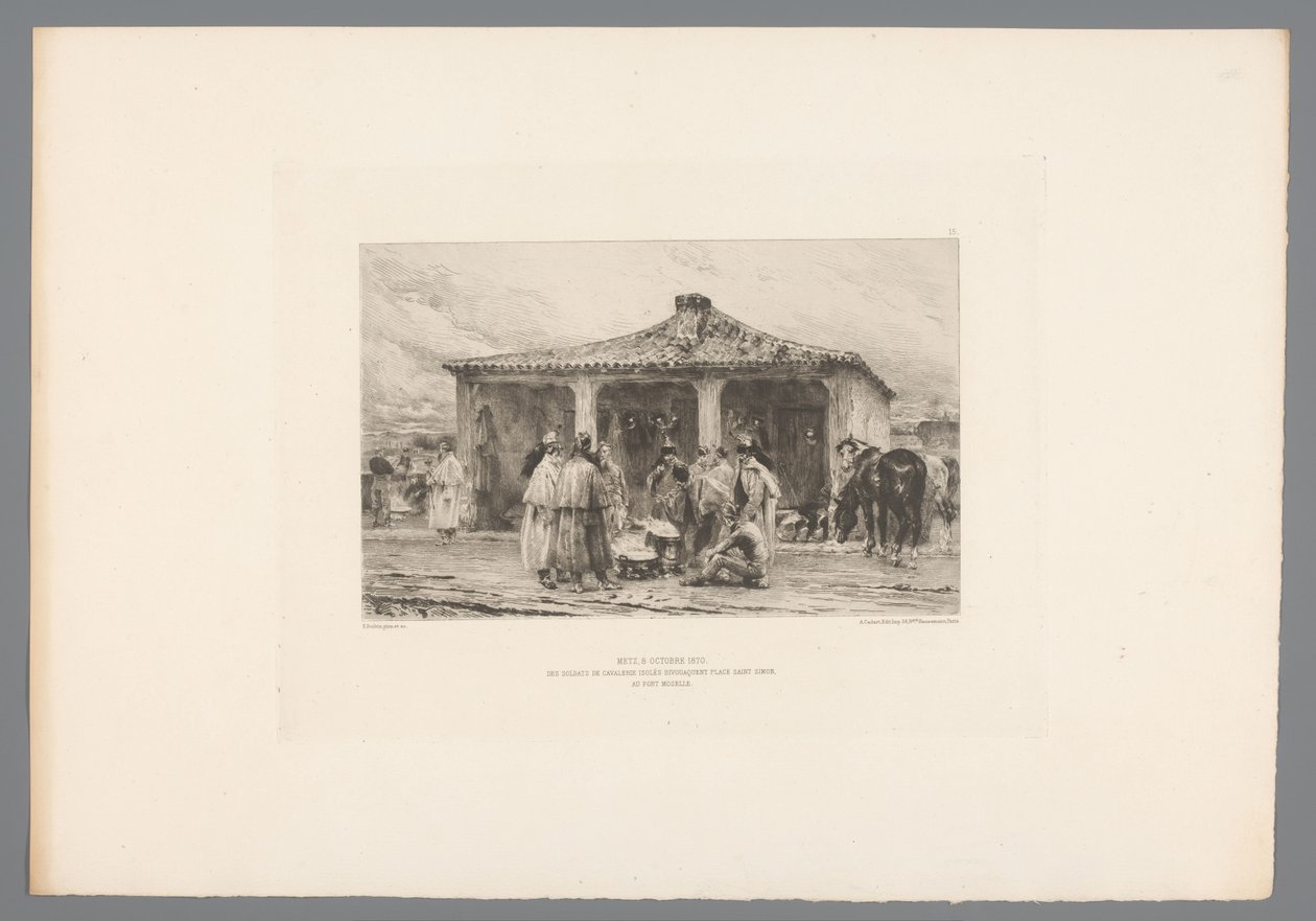 Gruppsoldat i ett läger Metz 8 oktober 1870/ Bivack för isolerade kavallerisoldater på Place Saint Simon i Fort Moselle (titel på objekt) France etsen uit 1875 (serietitel) Etsning 1875 (serietitel) av Emile Boilvin