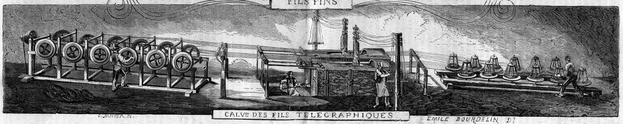 Galvanisering av järn- och telegraftrådar i Grenellefabriken av smedjan Franche Comte. Gravyr av Emil Bourdelin i "" The Illustrious World"" nr 93 den 22 januari av Emile Bourdelin