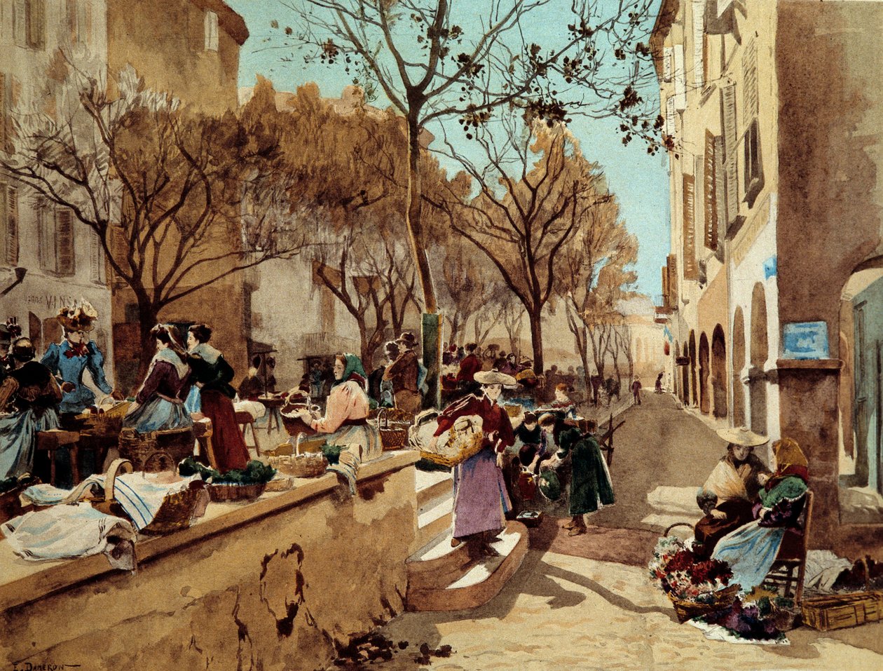 En dag för promenader i Provence på 1800-talet Målning av Emile Charles Dameron (1848-1908) Sent 1800-talets Paris, dekorativ konst av Emile Charles Dameron