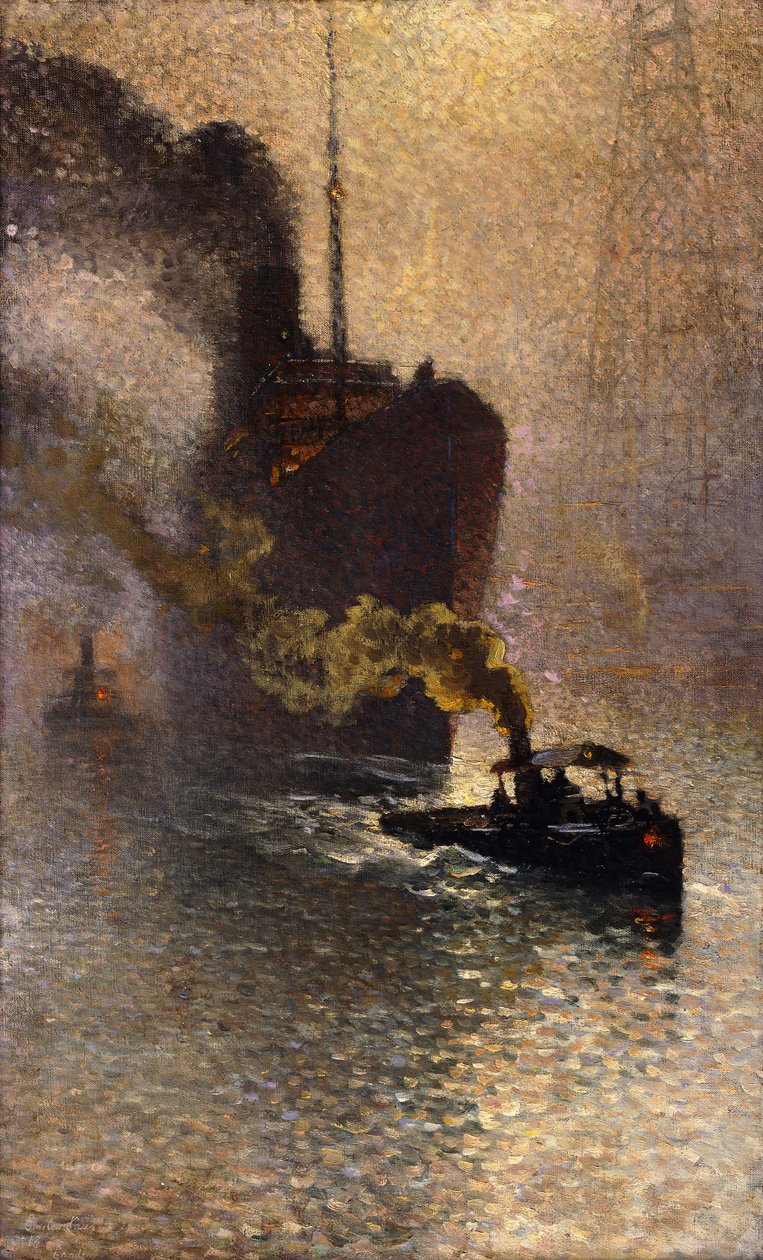 I släp på Themsen i dimman; Escorte sur la Tamise dans le Brouillard - Tagen in Tow on Themsen, 1918 av Emile Claus