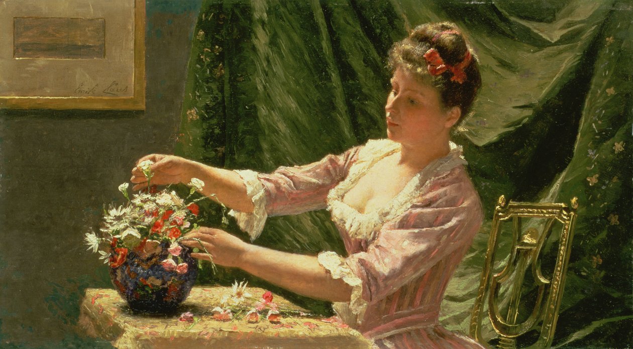 Ung kvinna som ordnar blommor av Emile Claus