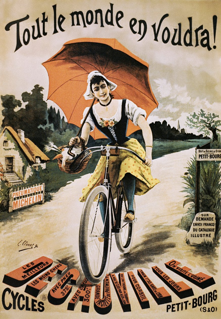Vintage affisch av kvinna som cyklar med rött paraply av Emile Clouet
