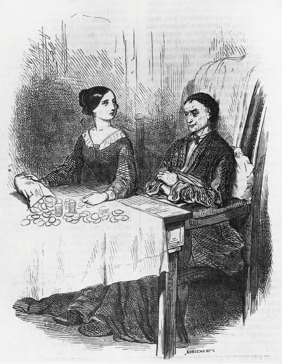 Illustration för Eugenie Grandet, roman av Honore de Balzac (1799-1850) från samlingen i flera volymer med titeln Human Comedy, gravyr av Emile Deschamps (1822-1893) av Emile Deschamps