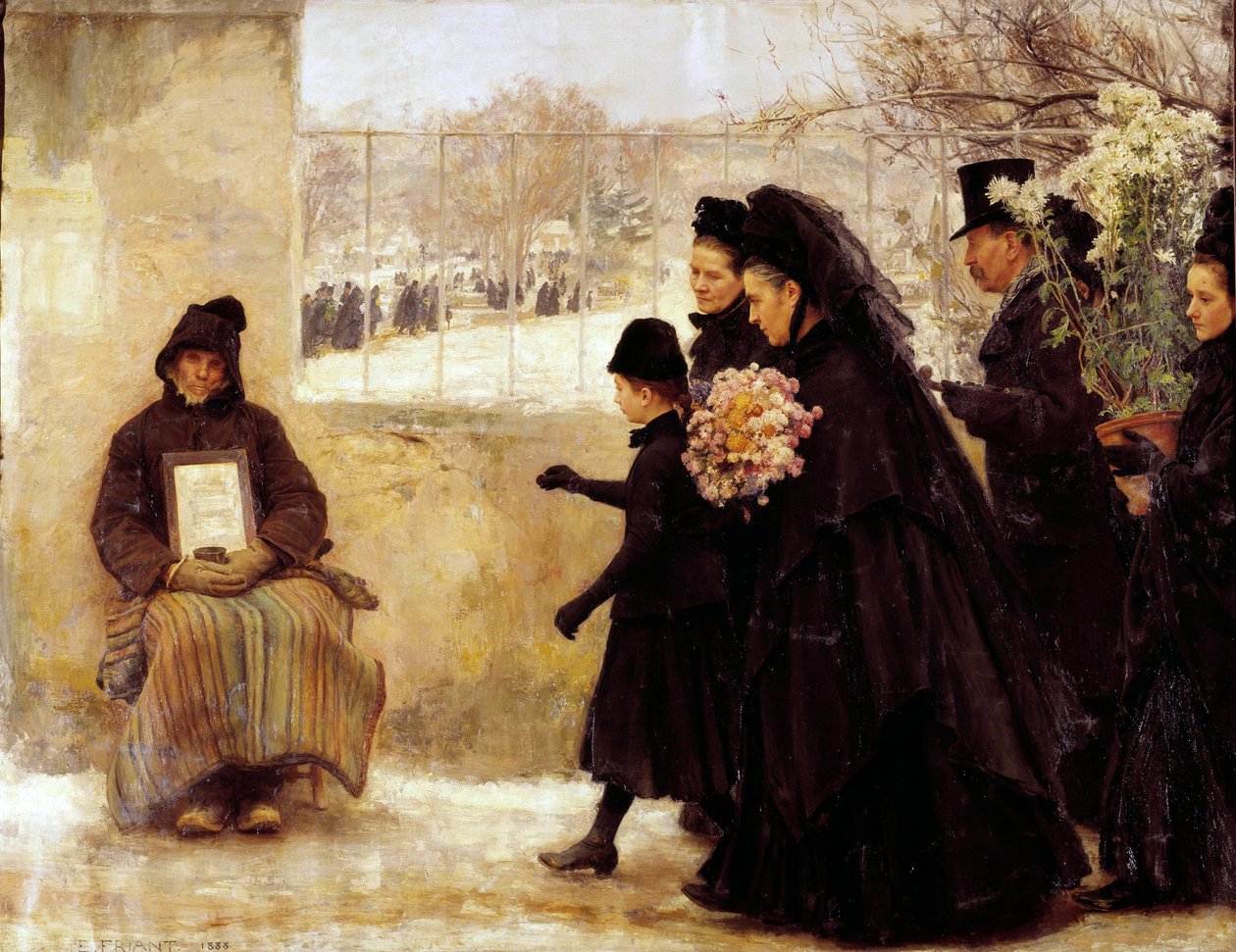 All Saints En sörjande familj som går till kyrkogården ger ett mynt till en gammal man som gör alumone. Målning av Emile Friant (1863-1932) 1888 Sön. 2,54x3,34 m Nancy, musee des Beaux Arts av Emile Friant