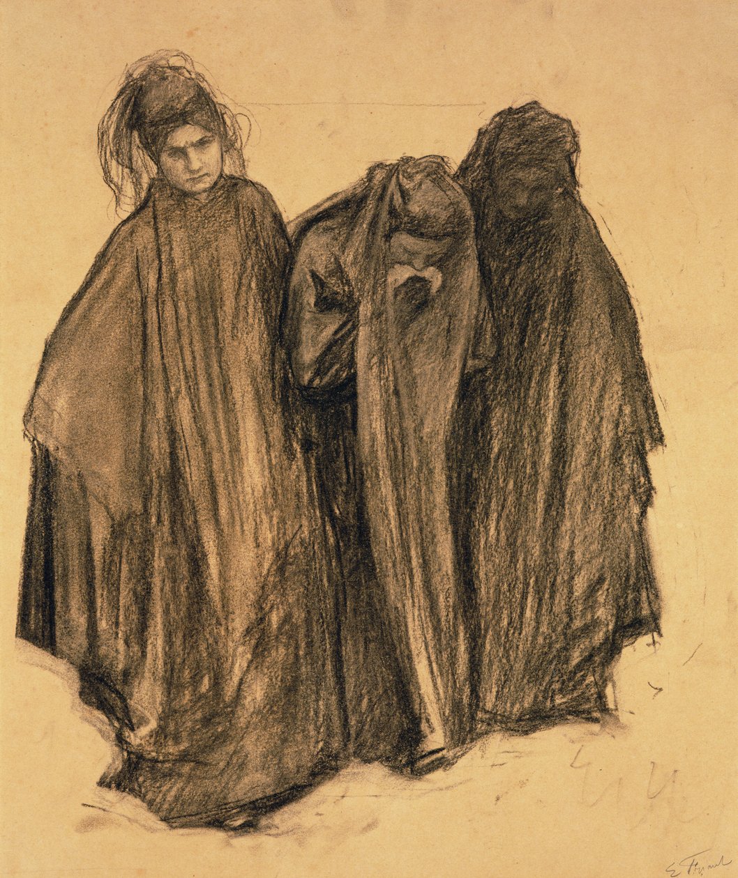 Studie för La D0uleur, 1899 (kol på papper) av Emile Friant