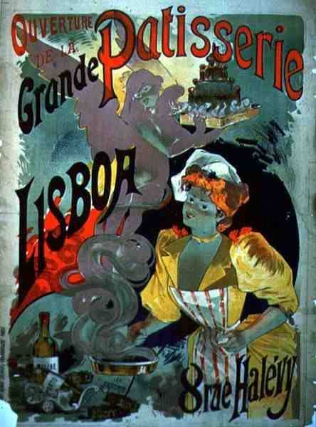 Affisch som annonserar om "Invigningen av Grande Patisserie Lisboa" i Paris, ca. 1895 (lito i färg) av Emile Georges Giran