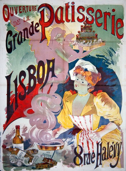 Affisch som annonserar om "Invigningen av Grande Patisserie Lisboa" i Paris, ca. 1895 (lito i färg) av Emile Georges Giran