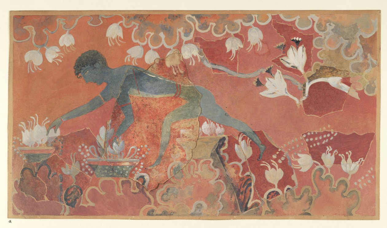 Målning av den blå apan saffransamlarfresken från Palace of Minos i Knossos (Evans Fresco Ritning L/3 a)), cirka 1921 (papper, pigment) av Emile Gilliéron