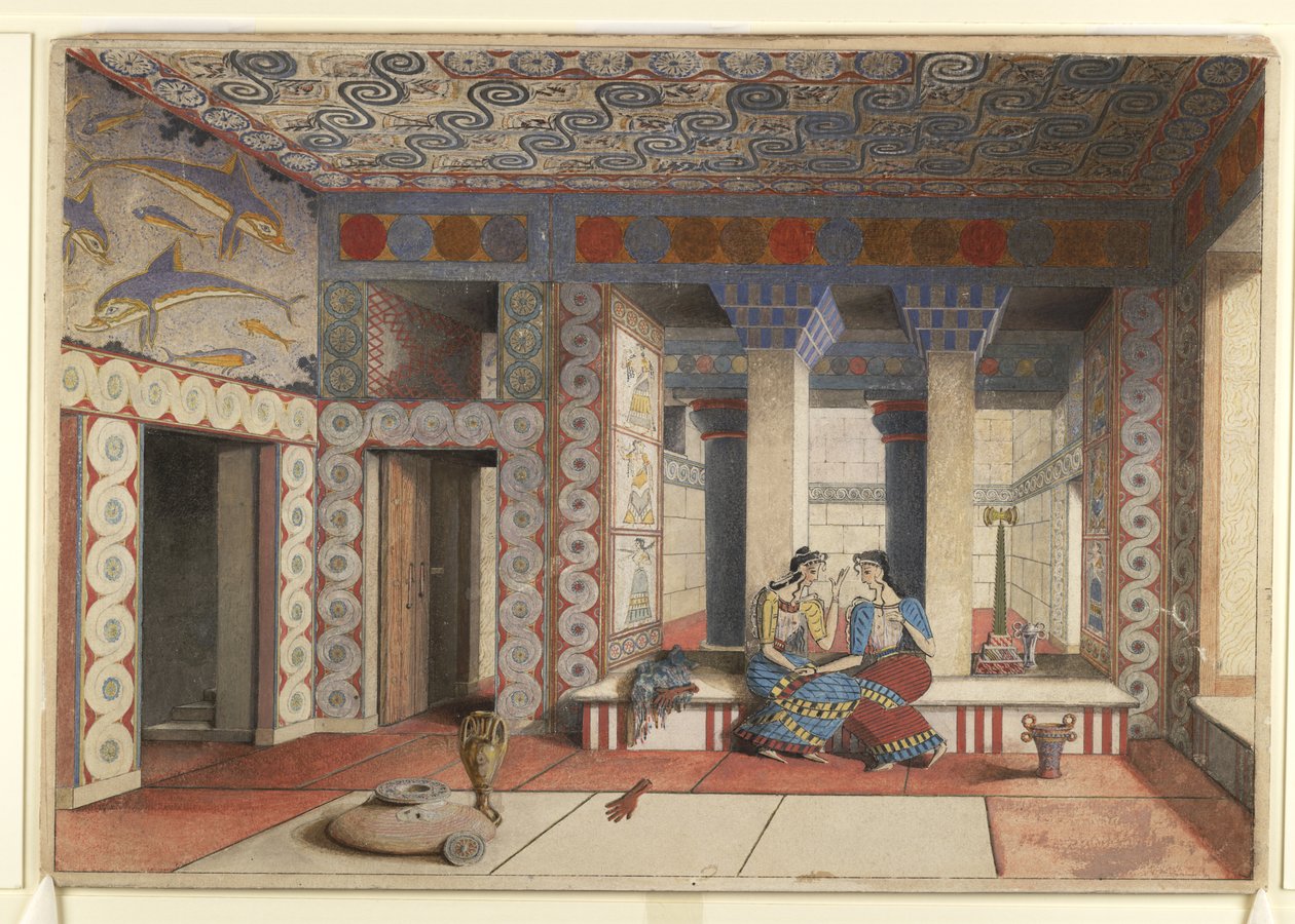 Målning av den omarbetade drottningens Megaron från Minospalatset i Knossos av Emile Gilliéron