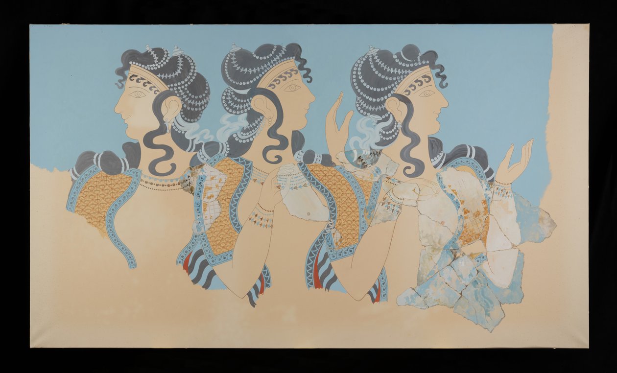 Målning av de restaurerade damerna i blå fresco från Palace of Minos i Knossos (Evans Fresco Drawing O/7) av Emile Gilliéron