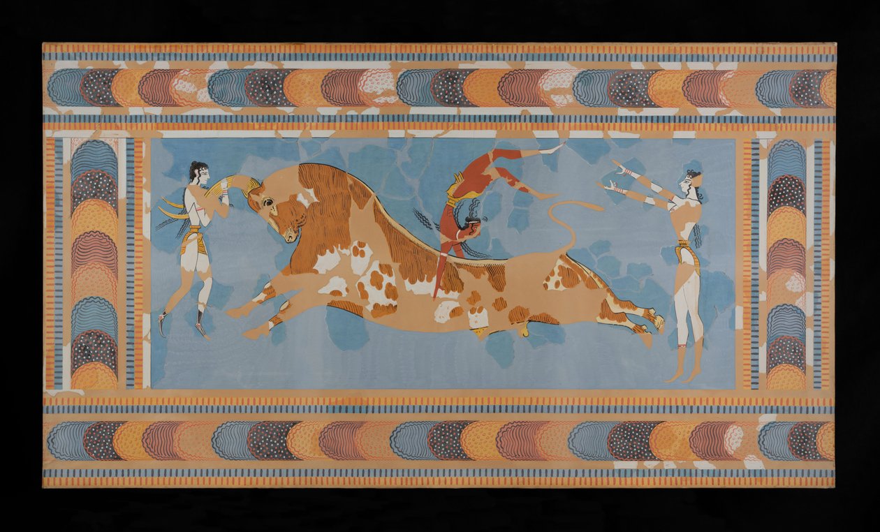 Målning av den restaurerade Taureador Fresco från Palace of Minos i Knossos (Evans Fresco Drawing N/4) av Emile Gilliéron