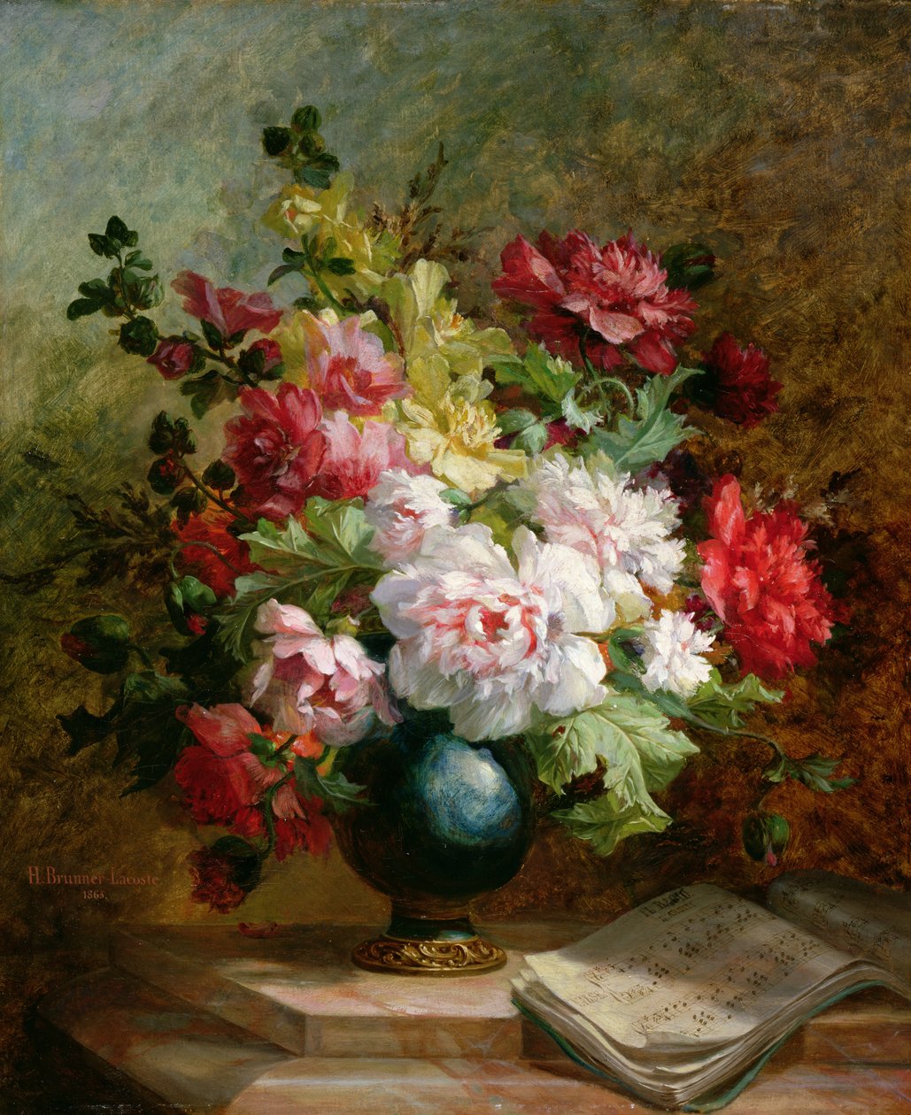 Stilleben med blommor och noter av Emile Henri Brunner Lacoste