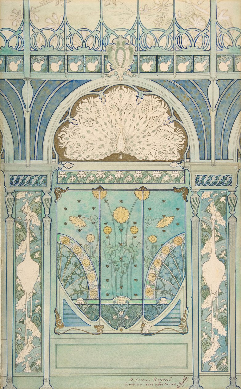 Design för en väggdekoration med påfågel, tranor och solrosor för restaurangen..., 1896-98 av Emile Hurtré