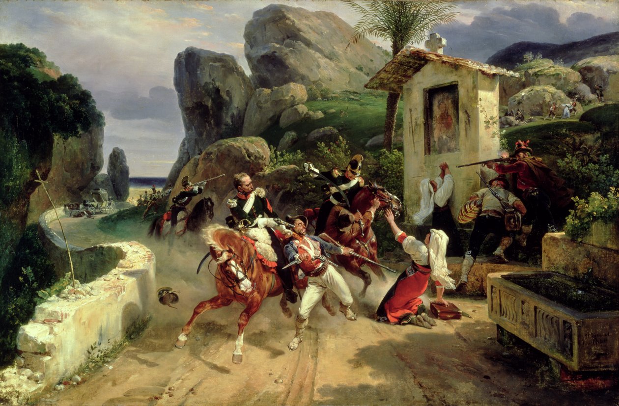 Italienska brigader överraskade av påvliga trupper, 1831 av Emile Jean Horace Vernet