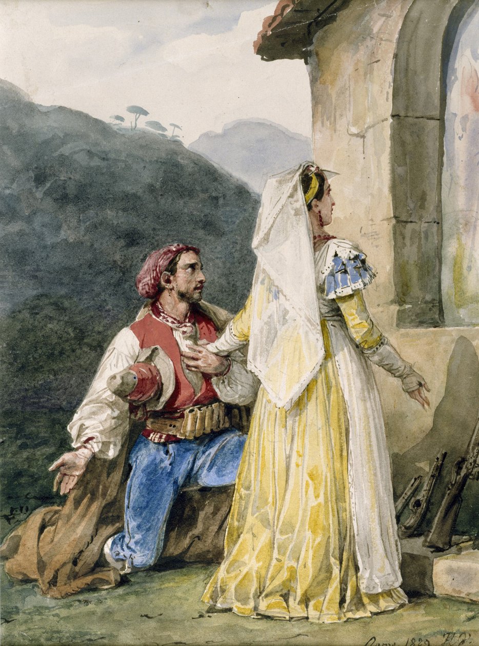 Italienska bönder inför en helgedom, 1829 (wc på papper förhöjd med tuggummi) av Emile Jean Horace Vernet