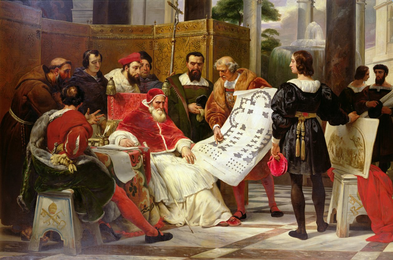Påven Julius II beordrade Bramante, Michelangelo och Rafael att bygga Vatikanen och Peterskyrkan, 1827 (detalj från 157491) av Emile Jean Horace Vernet