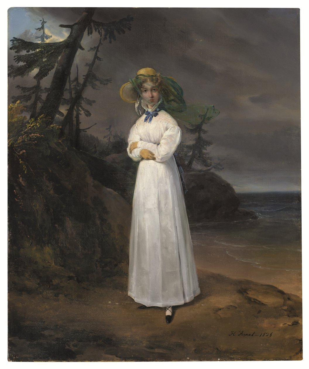 Porträtt av änkan Comtesse Jean-Henri-Louis Greffulhe i ett landskap av Emile Jean Horace Vernet