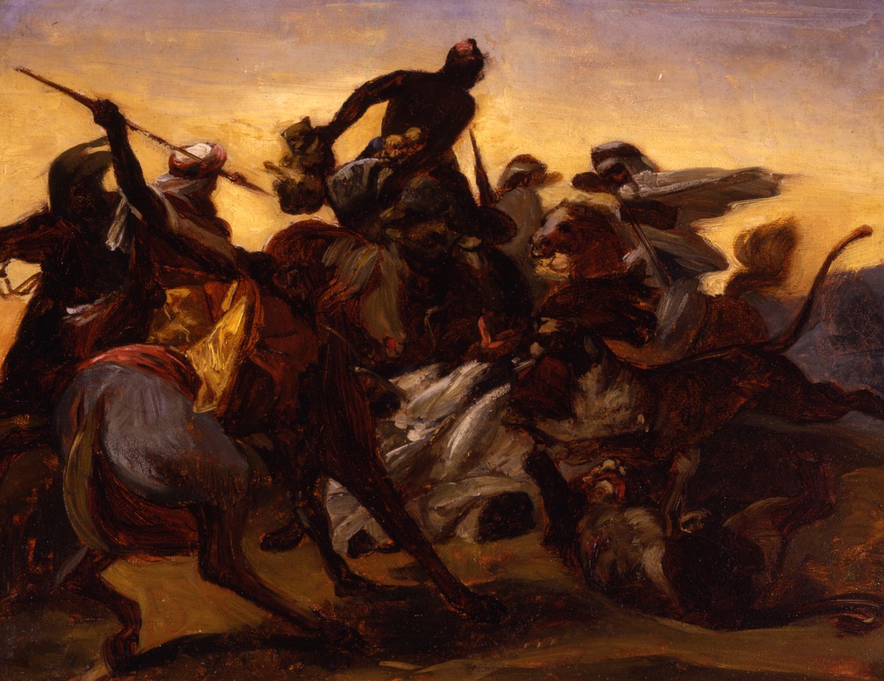 Skiss för Lejonjakten, ca 1836 (olja på papper på duk) av Emile Jean Horace Vernet