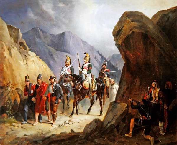 The Ambush, brigander som avser att befria sina kamrater (olja på papper) av Emile Jean Horace Vernet