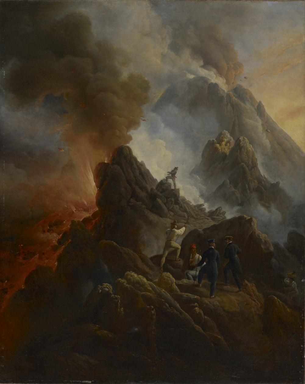 Vesuvius utbrott, konstnären och hans far, Carle Vernet, i förgrunden., ca. 1822 av Emile Jean Horace Vernet
