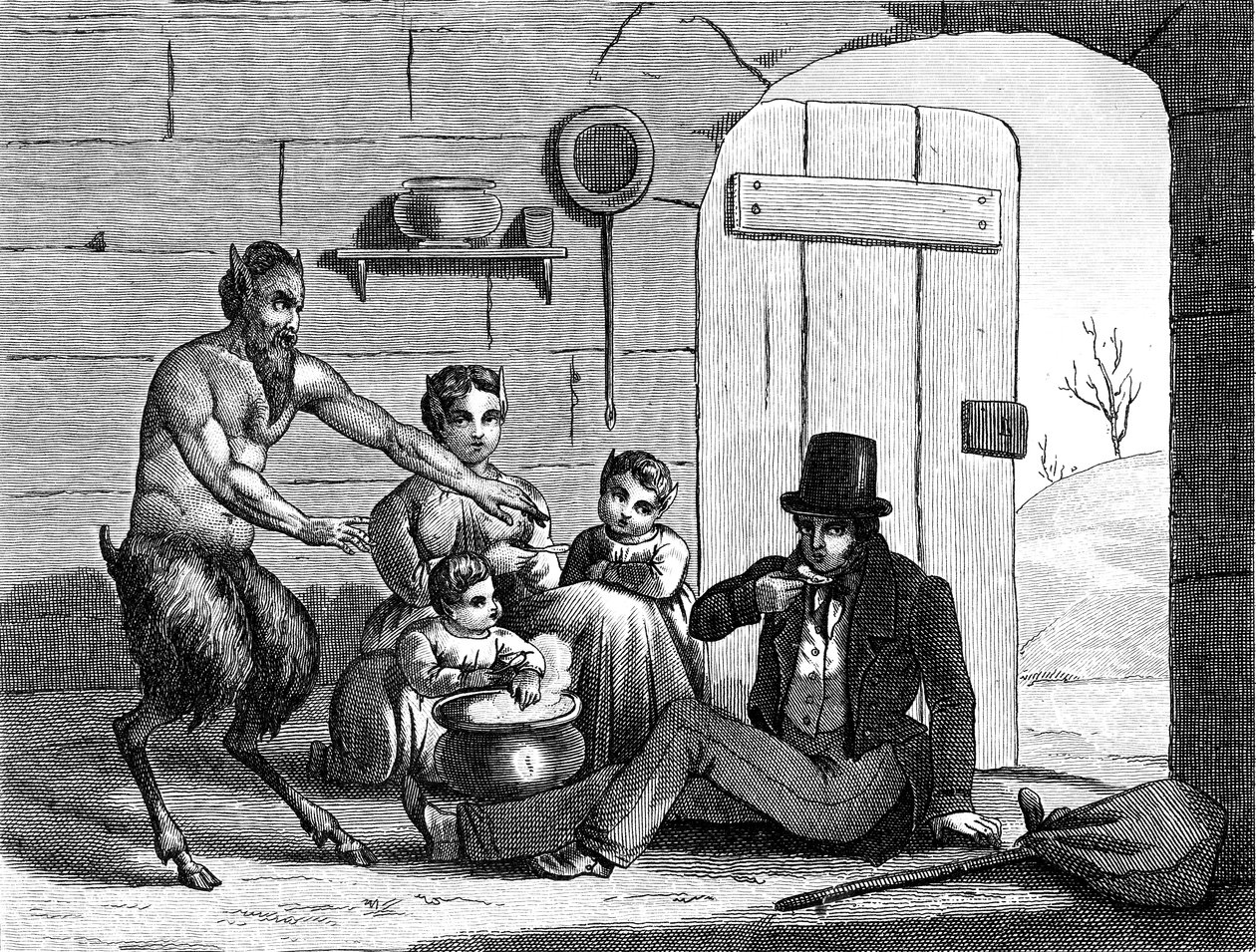 Satyren och förbipasserande vid La Fontaine av Emile Joseph Alexandre Gouget