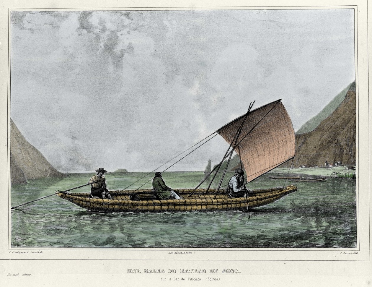 En Balsa eller en utslagsbåt på Titicacasjön (Bolivia). Litografi av Emile Lassalle (1813-1871) - i "" Voyage in South America"" av Alcide D