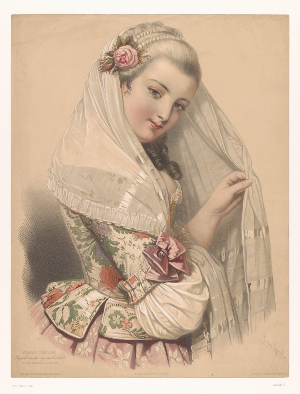 Beslöjad ung kvinna med en ros i håret Rose mousseuse (titel på objekt) Studier av utvalda artister (serietitel) Etudes choisies (serietitel på objekt) av Emile Lassalle