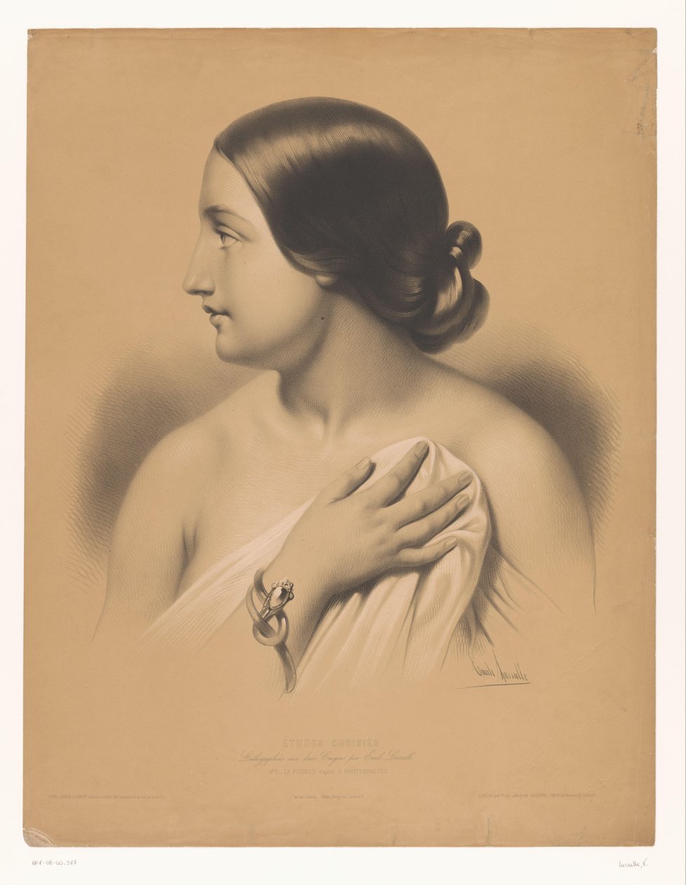 Ung kvinna med armband täcker sig själv La pudeur (titel på objekt) Studier av utvalda artister (serietitel) Etudes choisies (serietitel på objekt) av Emile Lassalle