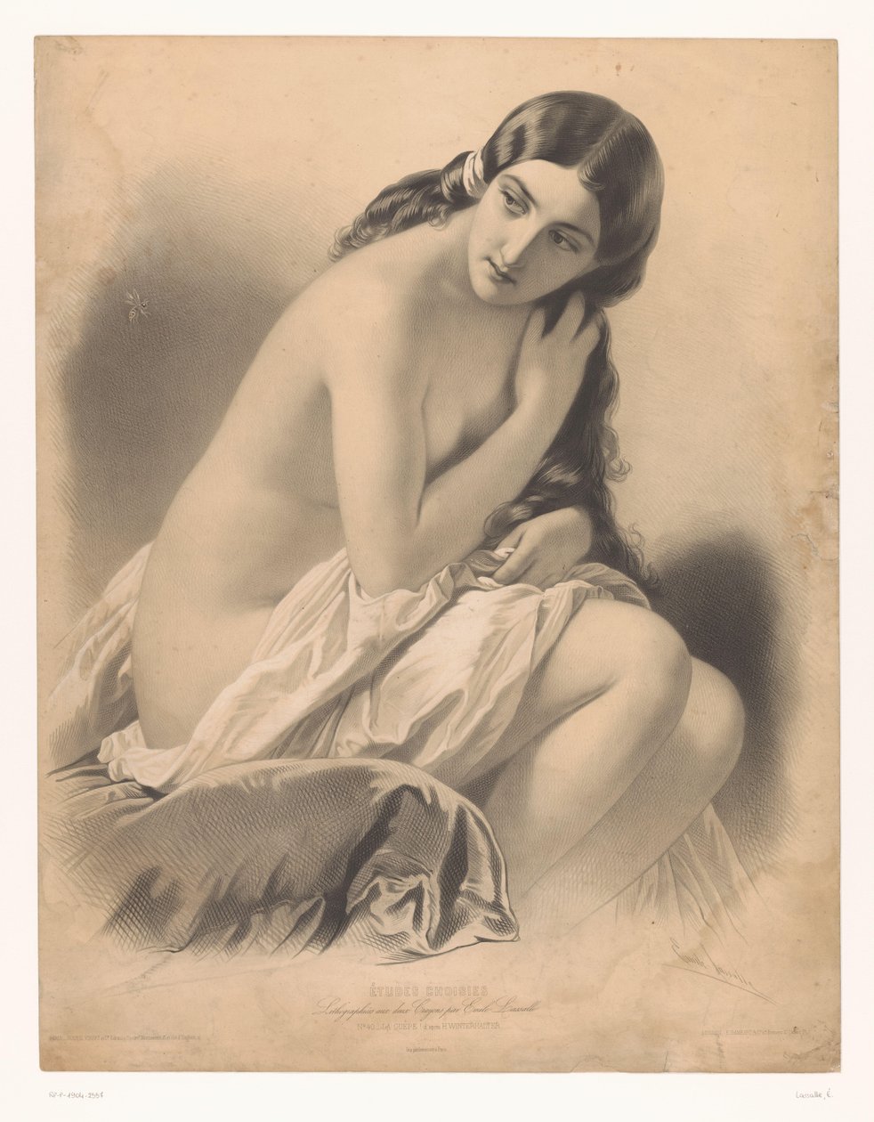 Sittande naken kvinna tittar på en geting La guêpe (titel på objekt) Studier av utvalda artister (serietitel) Etudes choisies (serietitel på objekt) av Emile Lassalle