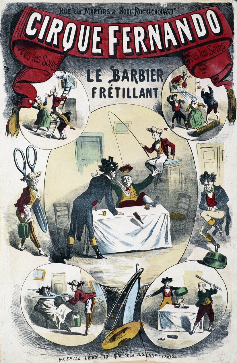Cirque Fernando: The Writing Barber - Affisch av Lévy, sent 1800-tal av Emile Levy