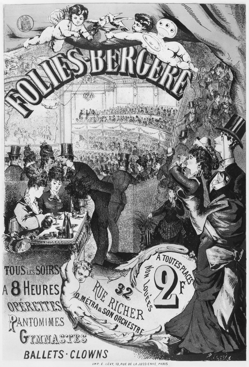Affisch med reklam för Folies Bergere, rue Richer, Paris, 1875 av Emile Levy