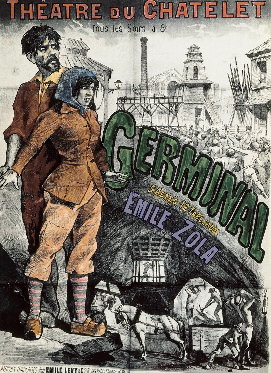 Affisch för teaterrepresentationen av romanen "" Germinal "" av Emile Zola på Theatre du Chatelet i Paris. Litografi av Emile Levy (1826-1890). av Emile Levy
