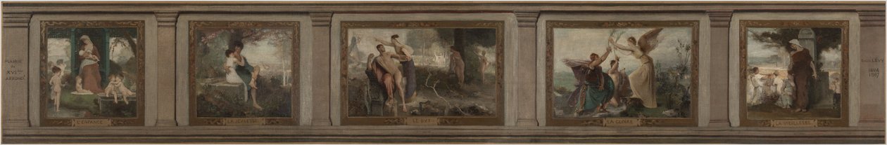 Skiss till stadshuset i 16:e arrondissementet i Paris (salon en hémicycle): Barndom, ungdom, syfte, ära, ålderdom: Livets olika åldrar, 1884 (olja på duk) av Emile Levy