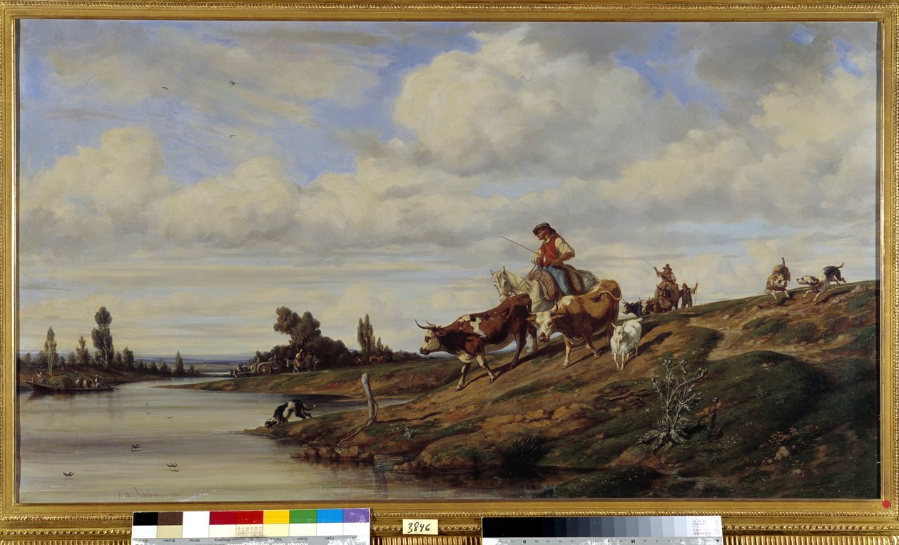 Passagen av Gue En ko som passerar en flod med sin flock. Målning av Emile Loubon (1809-1863) Obligatorisk omnämnande: Collection fondation regards de Provence, Marseille av Emile Loubon