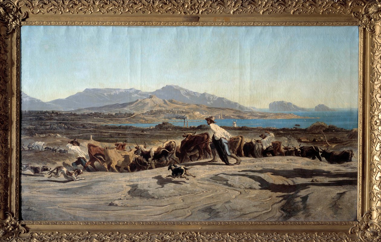 Vy över Marseille tagen från Aygalades, en dagspromenad I förgrunden av unga herdar med flocken. Målning av Emile Loubon (1809-1863) 1853 Dim. 1,40 x 2,60 m Marseille. Museum of Fine Arts av Emile Loubon