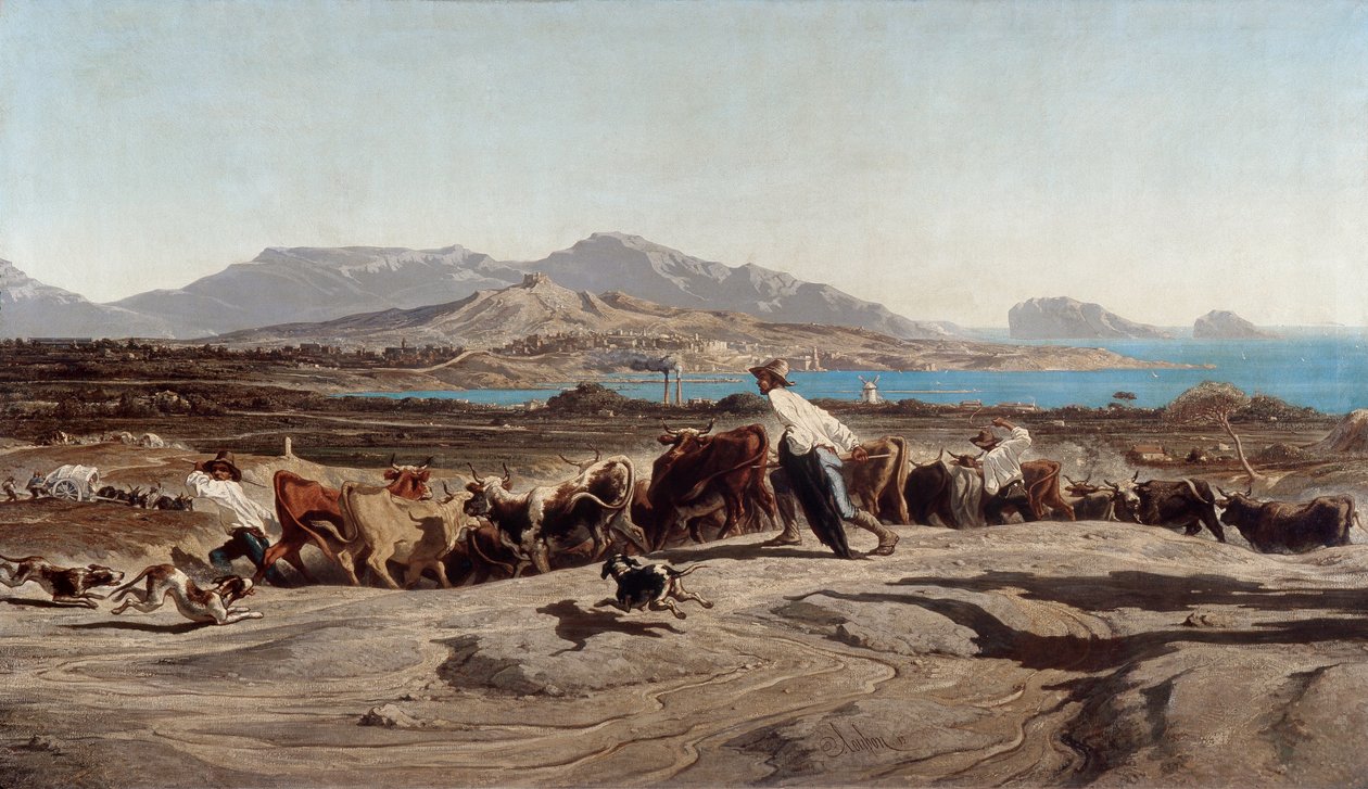 Utsikt över Marseille, ta Aygalades på en dagspromenad - Målning av Emile Loubon (1809-1863) av Emile Loubon
