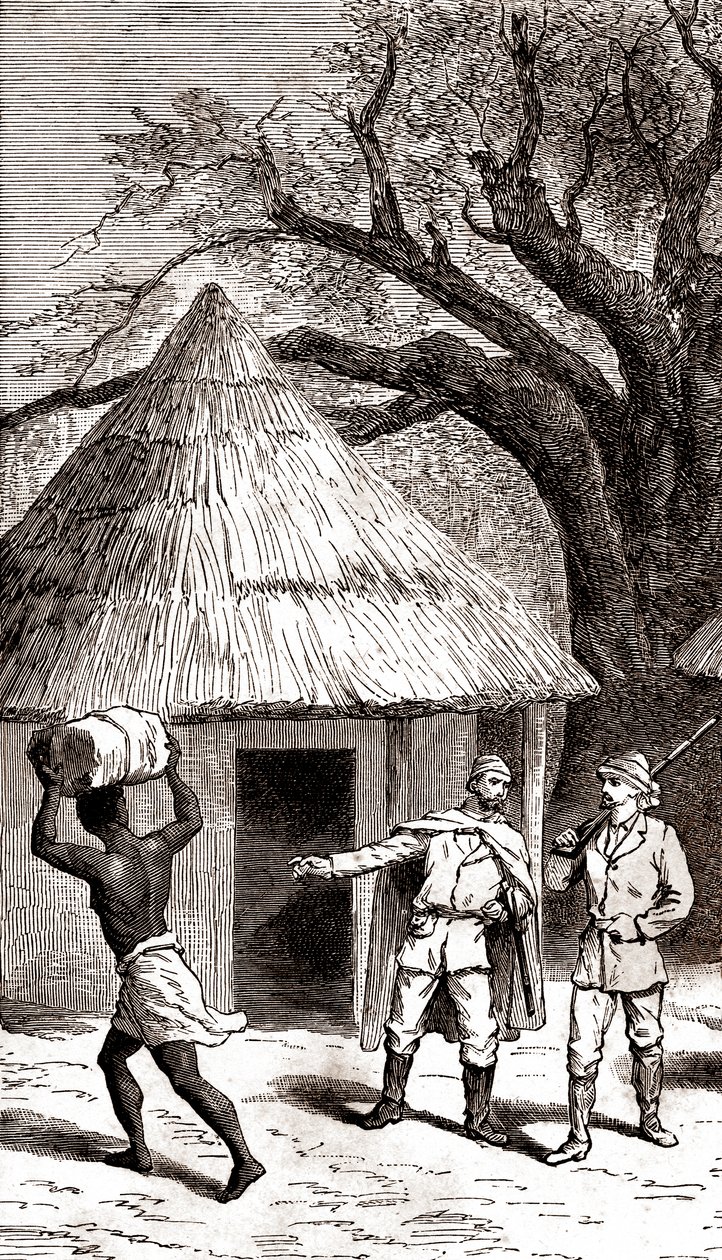 Upptäcktsresande och bärare framför en afrikansk hydda,1887 (