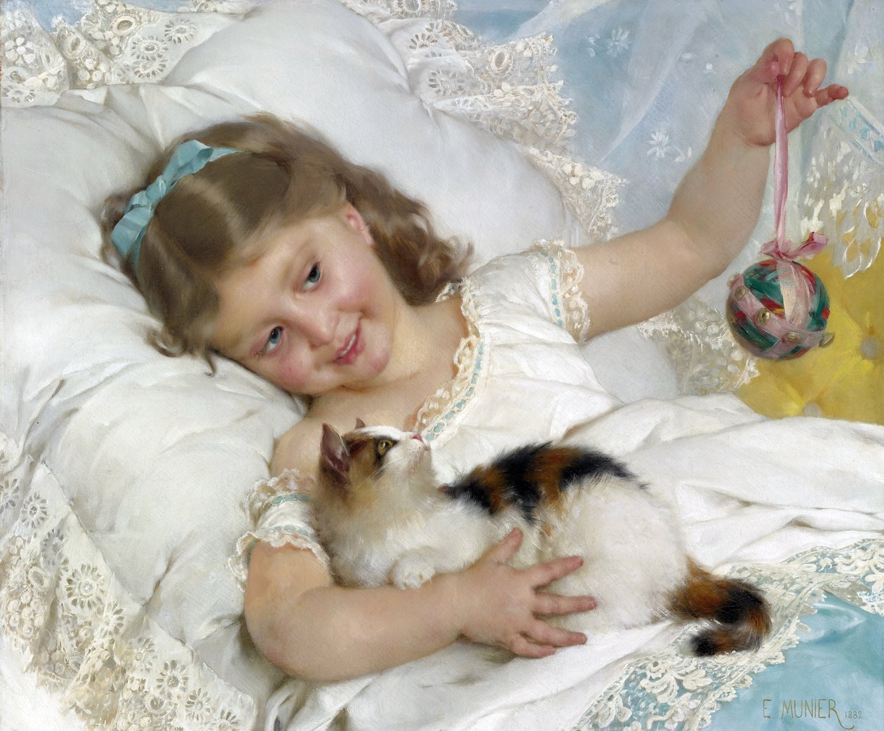 Barn och katt par Munier, Emile (1840-1895). Olja på duk, storlek: 54,6x65,4, , Privat samling av Emile Munier
