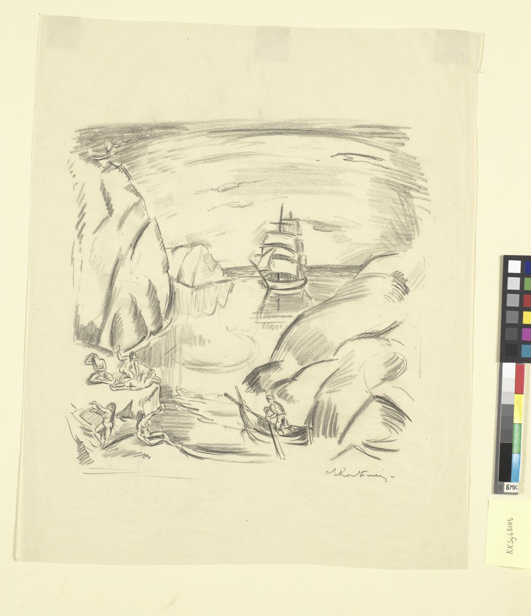En havsvik med ett segelfartyg och badande kvinnor av Emile Othon Friesz