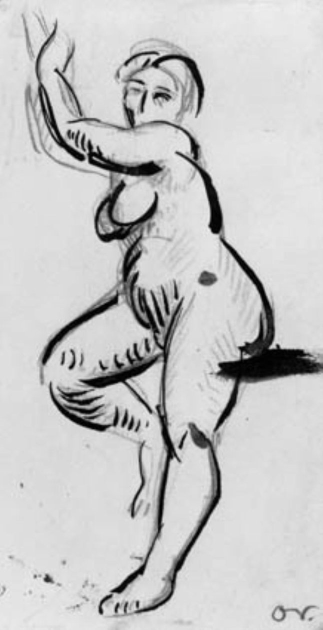 Stående kvinnlig modell vänd åt vänster med armarna höjda över huvudet. av Emile Othon Friesz