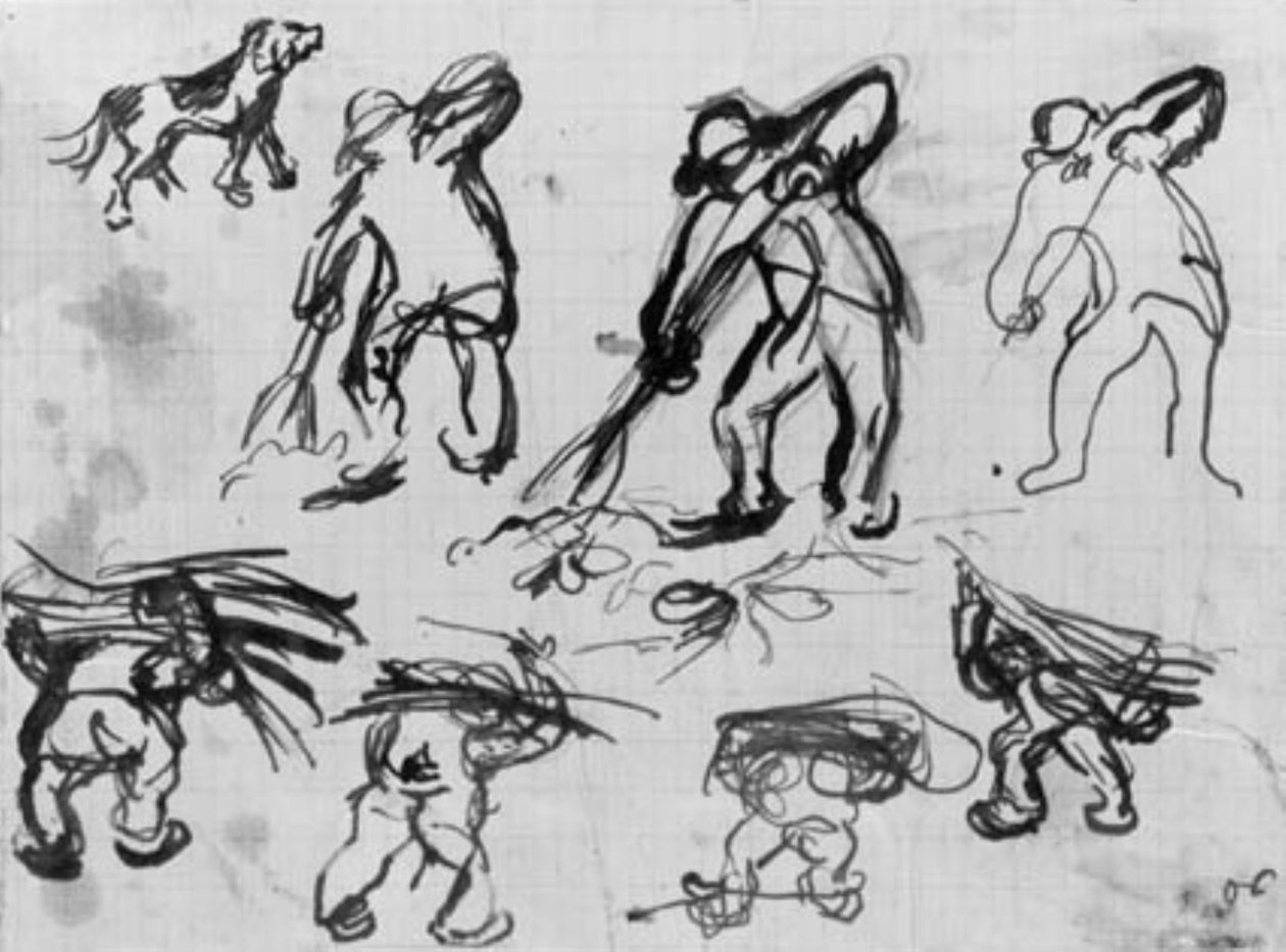 Sju skisser av män som gräver och bär ved och en skiss av en hund. av Emile Othon Friesz