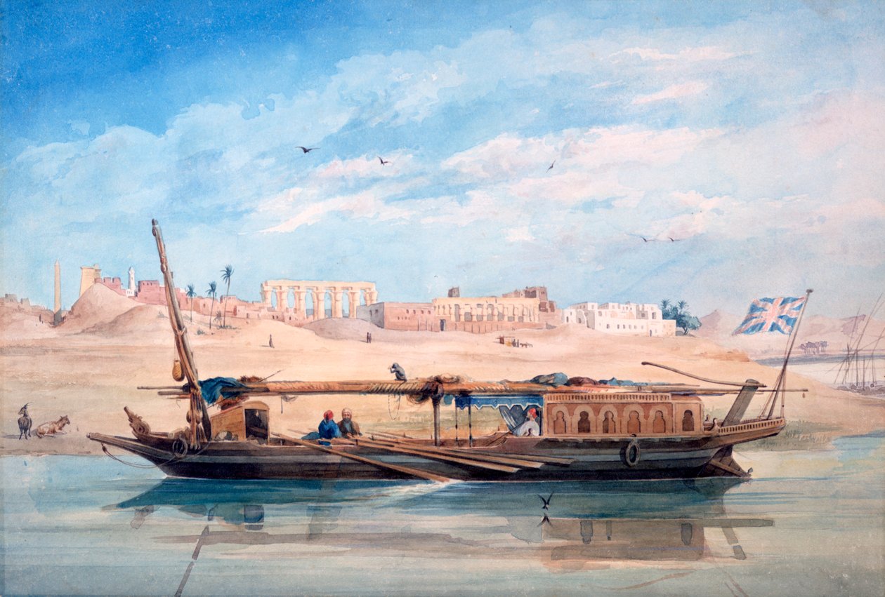 "En båt på Nilen, Luxor, Egypten", 1800-talet av Emile Prisse d