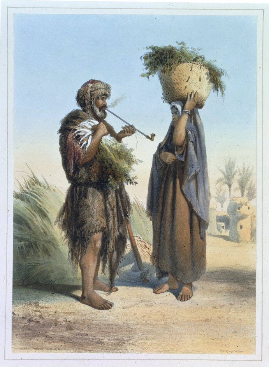 Fellah Man and Woman, illustration från "The Valley of the Nile", graverad av Mouilleron, pub. av Lemercier, 1848 av Emile Prisse d