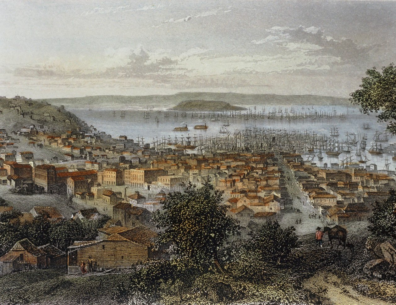 Vy över San Francisco, Kalifornien, USA. Gravyr ... (gravyr) av Emile Rouargue