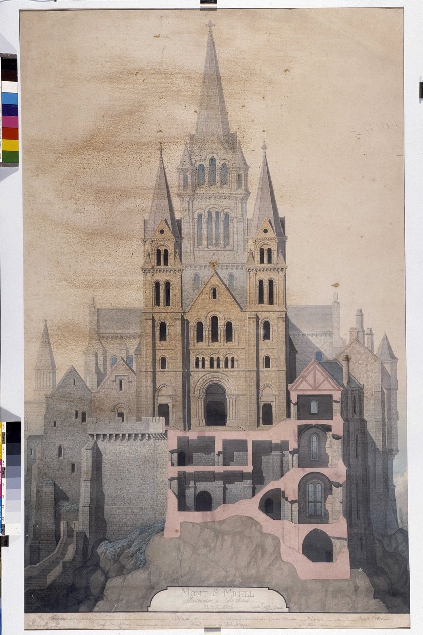 Gotisk arkitektur: kyrkans fasad och klippning av klosterhus. Ritning av Avranches kommunala museum (Manche) av Emile Sagot
