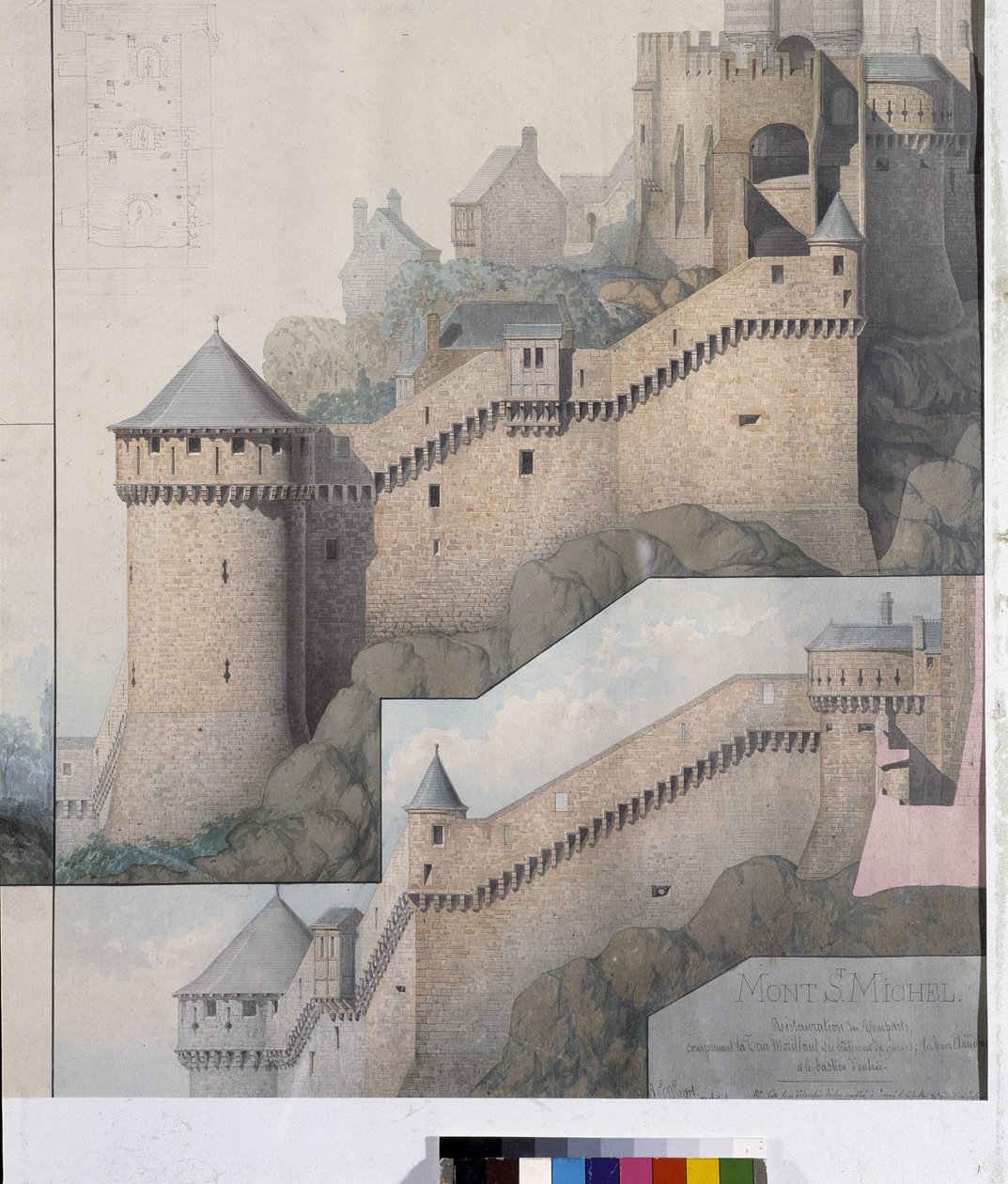 Utsikt över machicoulis mellan norra tornet och Claudine-tornet på Mont Saint Michel. Teckning av Emile Sagot. Avranches kommunala museum (Manche) av Emile Sagot
