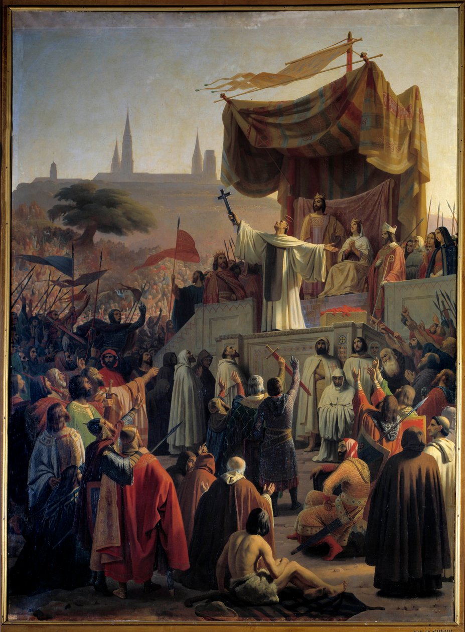 Sankt Bernard av Clairvaux (San Bernardo di Chiaravalle) predikar det andra korståget i närvaro av kung Ludvig VII och drottning Alienor av Aquitaine och Abbe Suger, i Vezelay i Bourgogne den 31 mars 1146. (St. Bernard predikar det andra korståget i Vez av Emile Signol
