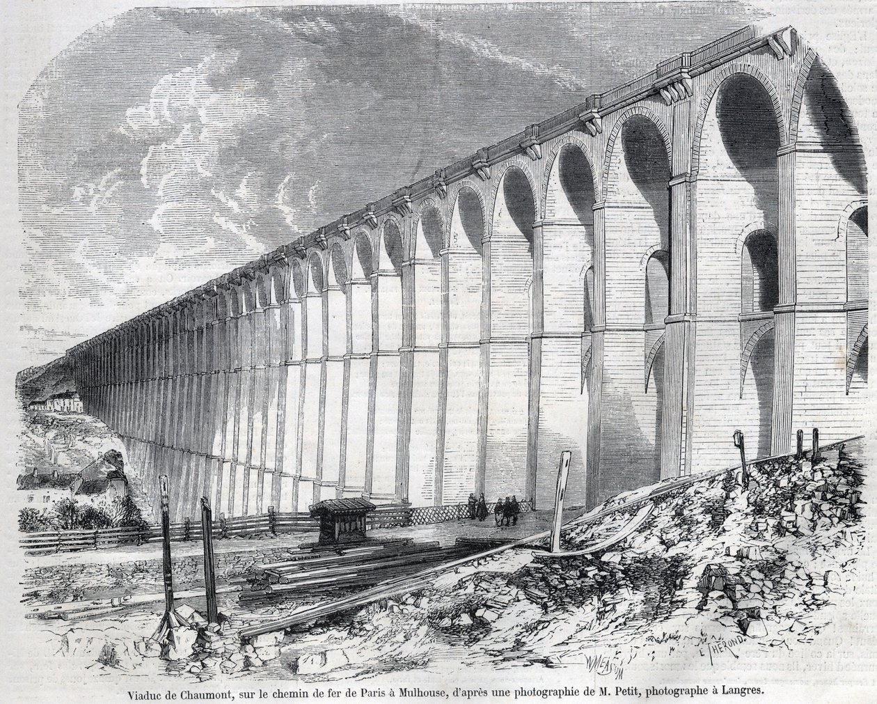 Chaumont Viaduct på järnvägen från Paris till Mulhouse. Gravyr efter skiss av Ralph i ""The Illustrous World"", 1857-05-09. Privat samling. av Emile Theodore Therond
