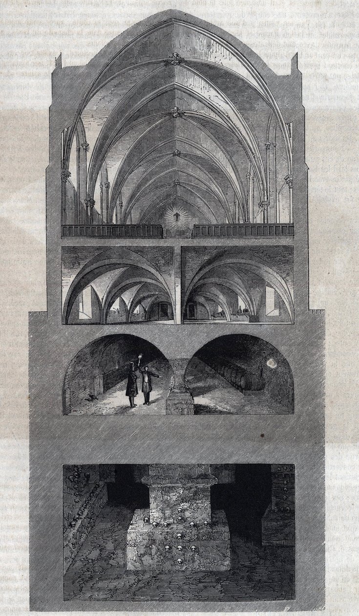 Tvärsnitt av Napoleongymnasiet i Paris (idag Lycée Henri IV). Från topp till botten: matsalen, köket, källarna, katakomberna. Gravyr av Therond. I "" Le Magasin Picturesque"" av Emile Theodore Therond